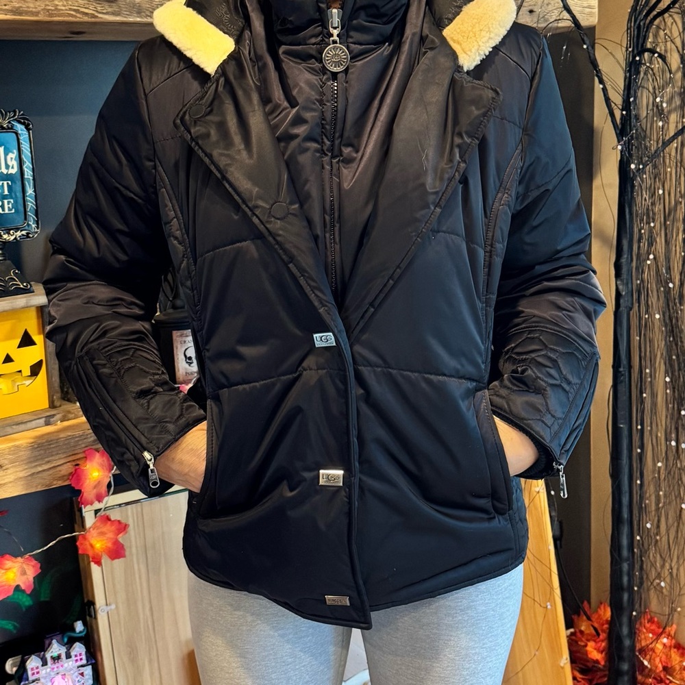 UGG Women's Black Puffer Jacket with Cream Trim